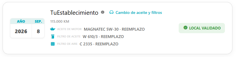 Registro de un cambio de aceite y filtros con el nombre del establecimiento y el sello Local validado.
