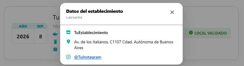 Ventana con los datos de tu establecimiento: nombre, dirección e Instagram.
